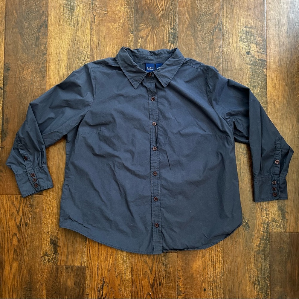 Basic Editions Heathered Blue Button Down Top, Pl… - image 2